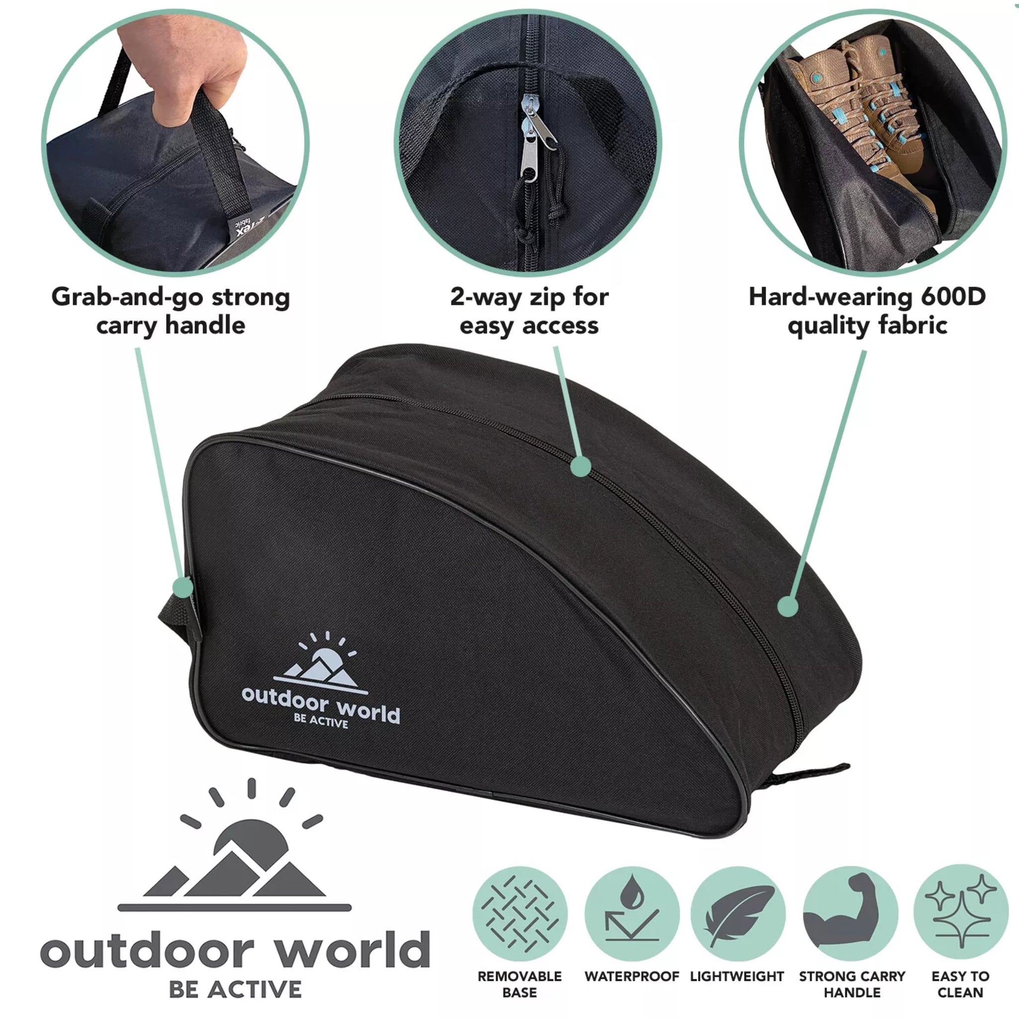 Outdoor World branded waterproof boot bag in black with 2-way zip, strong carry handle, and durable 600D fabric ā ideal for hiking, sports, and travel